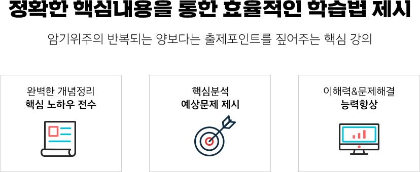 정확한 핵심 내용을 통한 효율적인 학습법 제시. 암기 위주의 반복되는 양보다는 출제 포인트를 짚어주는 핵심 강의